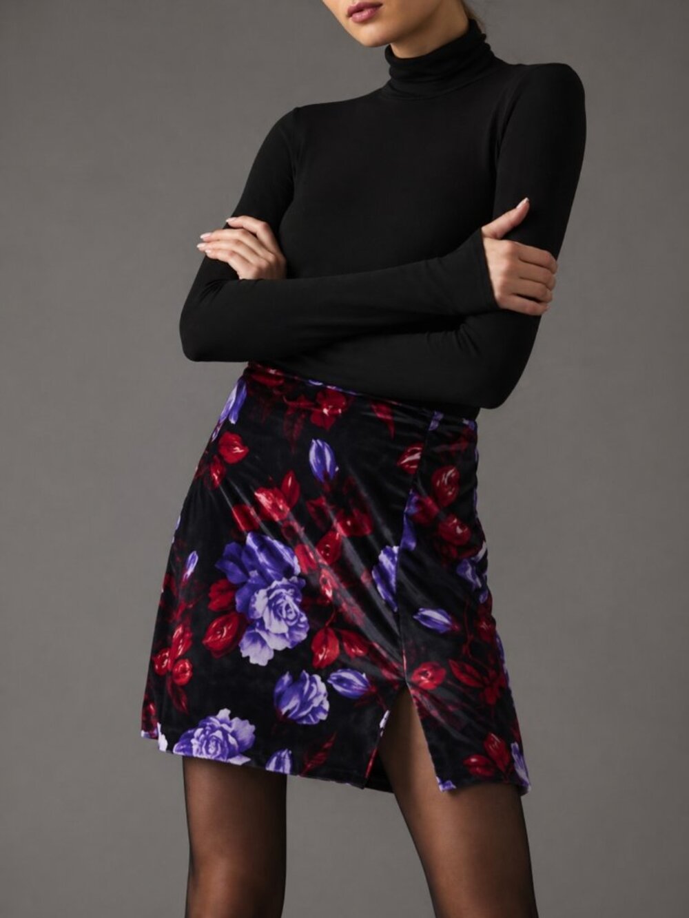 Anthropologie Maeve Women’s Velvet Floral Mini Skirt High Waist Slit Size 0